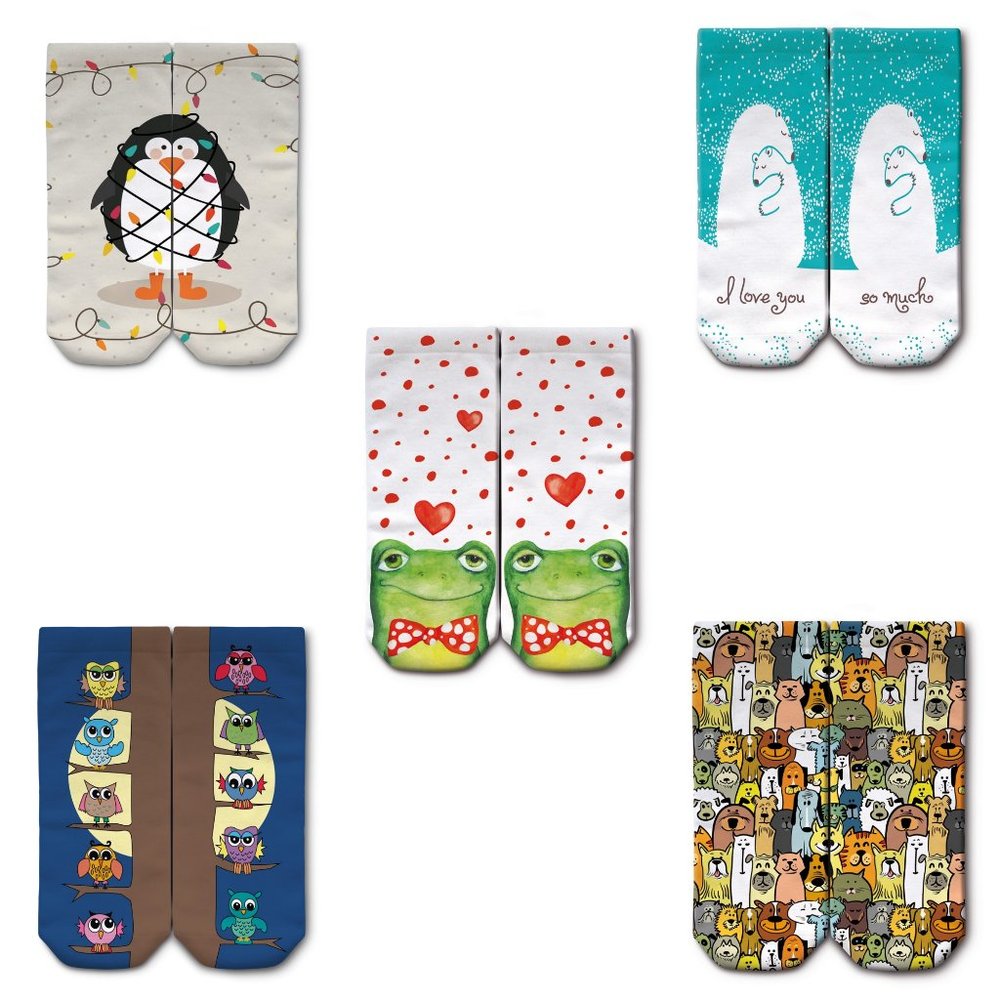 Penguin Owl Dog Polar Bear & Frog Socks - 5 Pairs with Different Designs